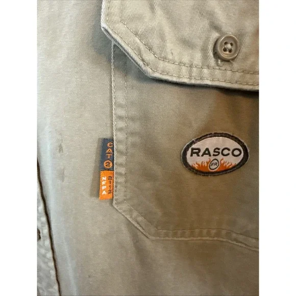 Rasco FR Flame Resistant Shirt Men XL Khaki Button Up Work Shirt Thrashed‎ - Picture 3 of 12